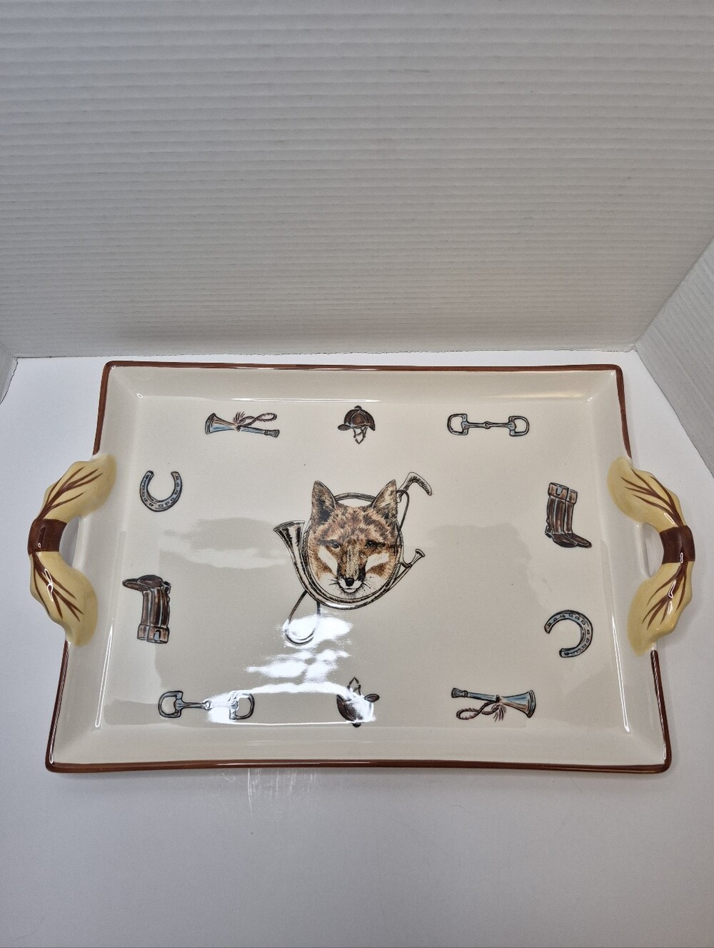 Fox & Horn Equestrian Handled High Fired Porcelain Tray CE Corey NEW Very Rare
